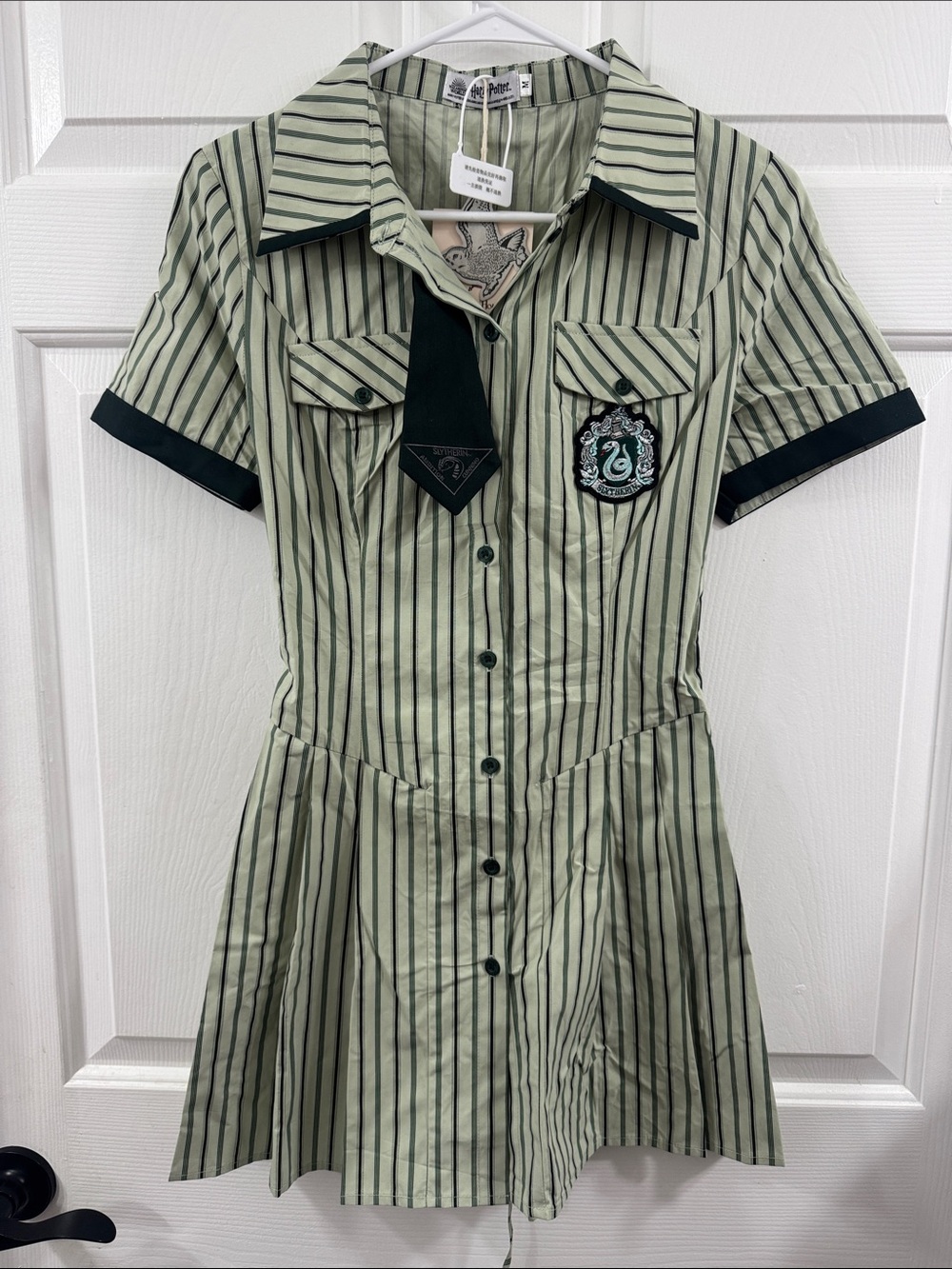 You House Slytherin Sage Green Striped Midi Shirt Dress with Contrast Trim